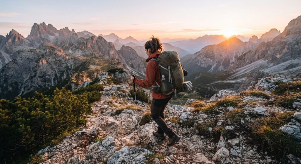 Bjergbestigning for begyndere - vandrer på bjergsti med trekkingstave