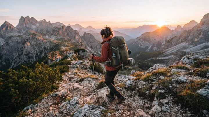 Bjergbestigning for begyndere - vandrer på bjergsti med trekkingstave