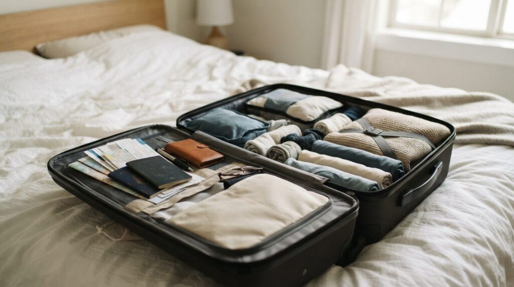 Close-up shot of a travelers packed suitcase with neatly or
