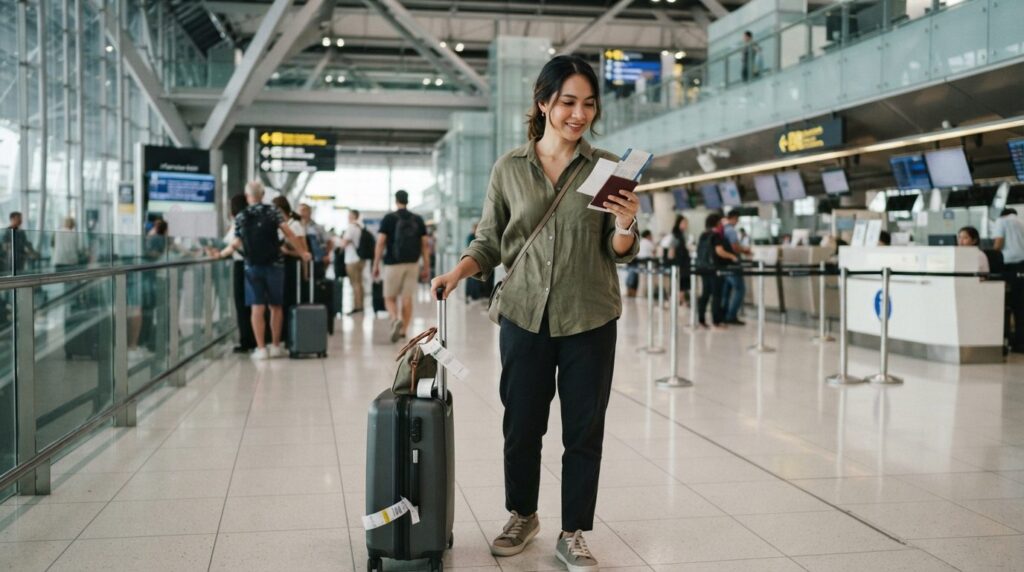 Mid-shot of a confident traveler at Bangkok airport departur