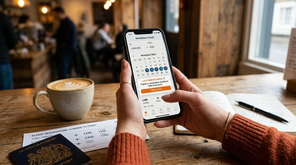 Close-up of hands holding a smartphone displaying flight boo