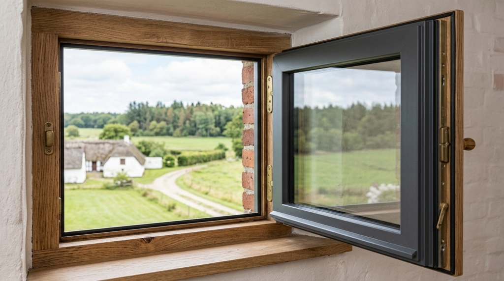 Close-up detail shot of a premium farmhouse window combining