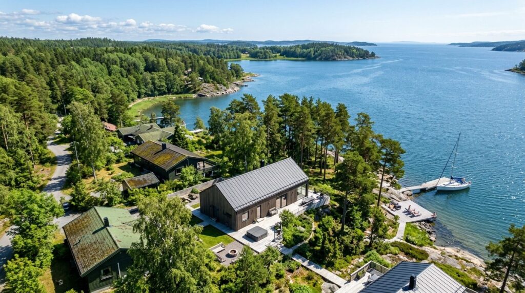 Aerial drone perspective of a modern Nordic vacation home ne
