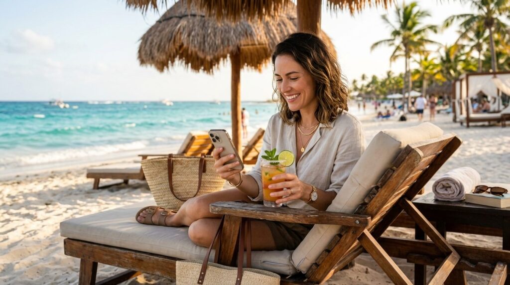 Photorealistic image of a busy professional woman relaxing o
