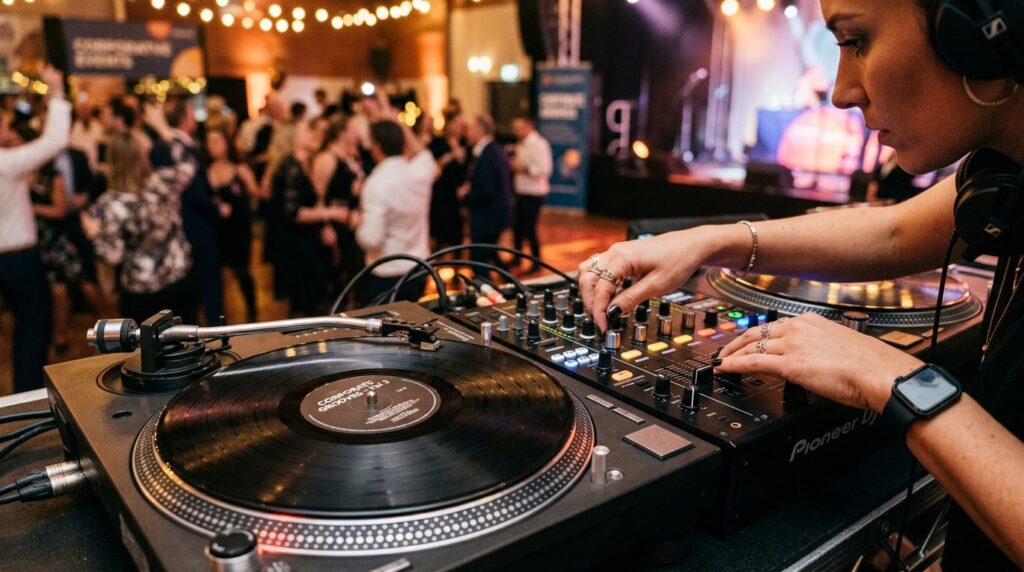 Close-up of professional DJ hands on turntables and mixer eq