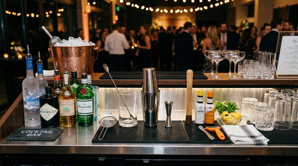 Close-up of professional event bartender workspace showing o