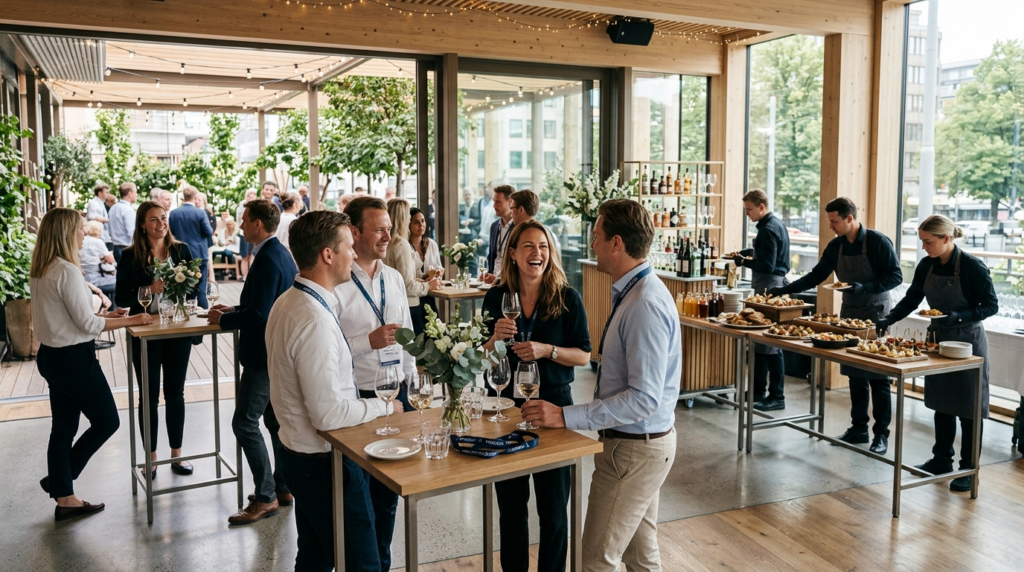 Modern corporate event celebration in Scandinavian venue, gu