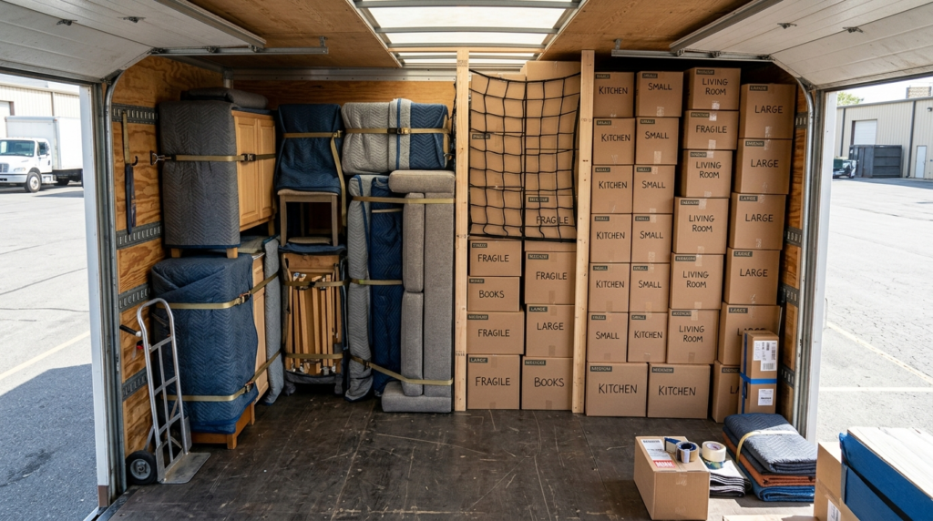 Aerial view of a well-organized moving truck interior with n