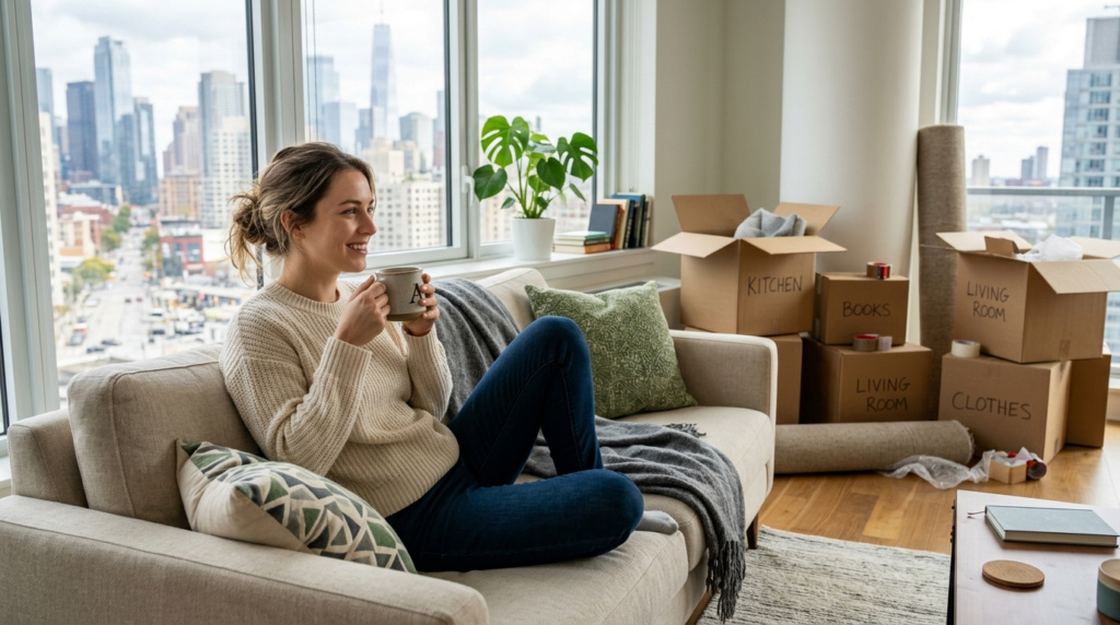 Young professional woman relaxing on a couch in a newly move