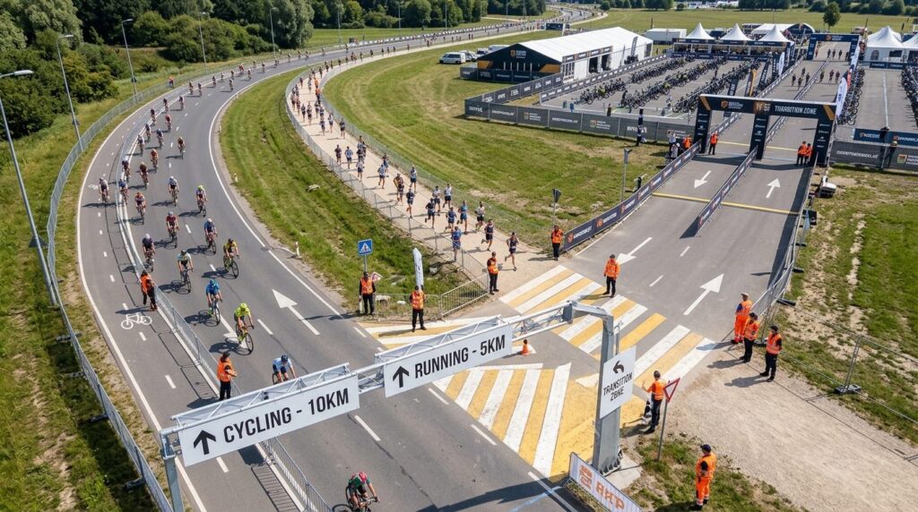 Wide shot of a organized multi-sport event with participants