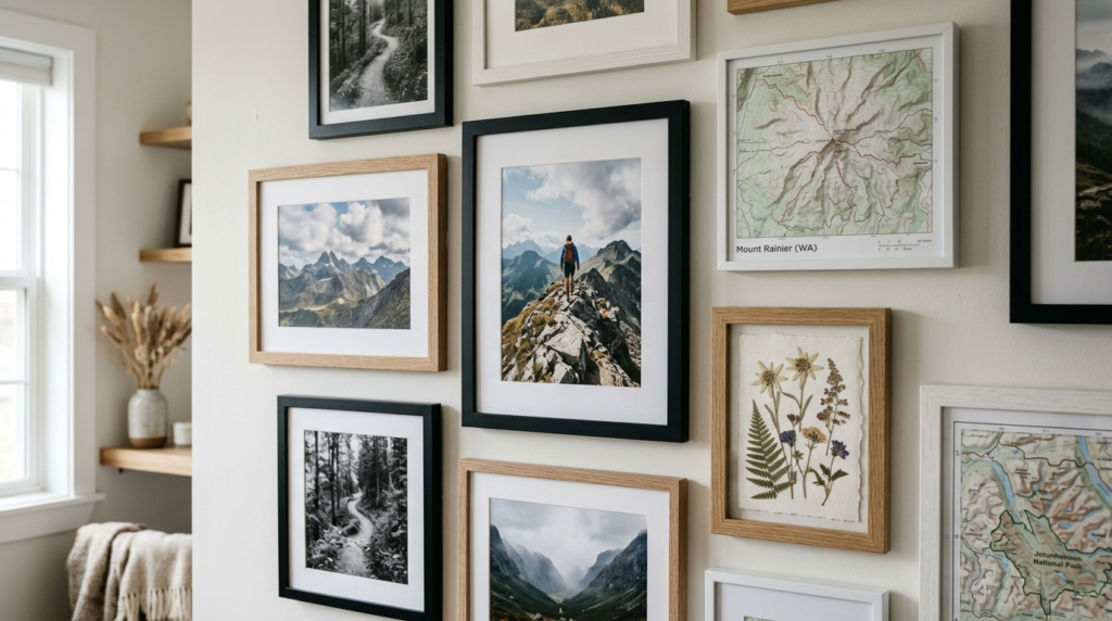 Close-up detail of an artfully arranged gallery wall in a Sc