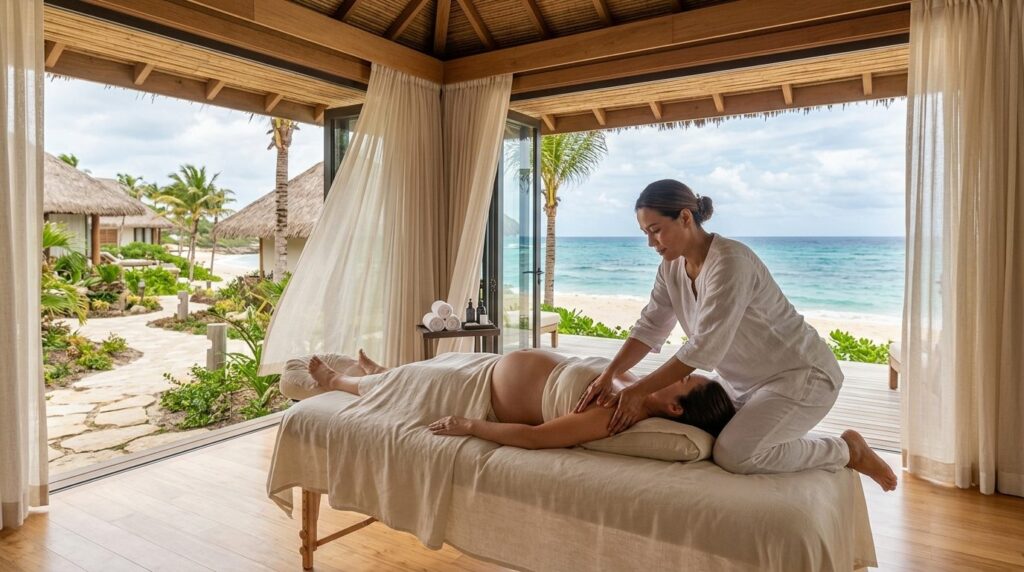 Wellness resort setting with pregnant woman enjoying therape
