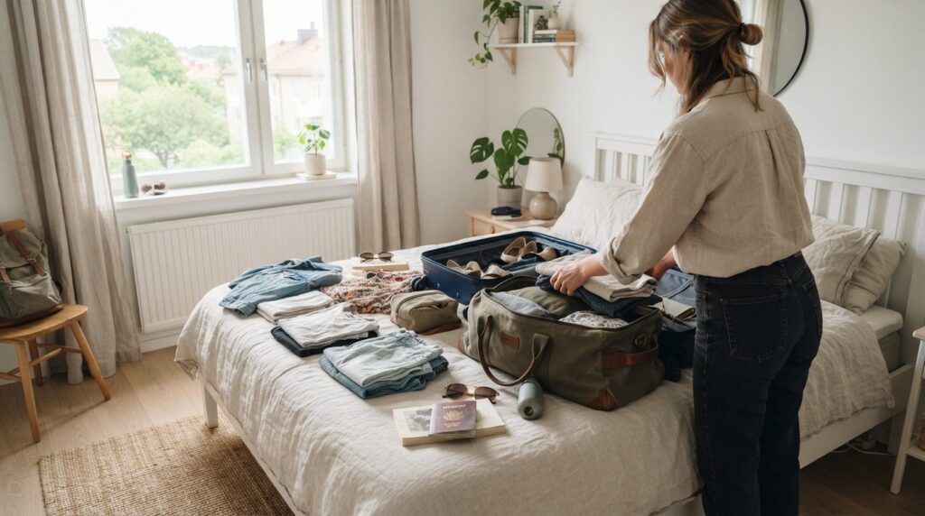 Travel lifestyle image showing a young adult packing for vac