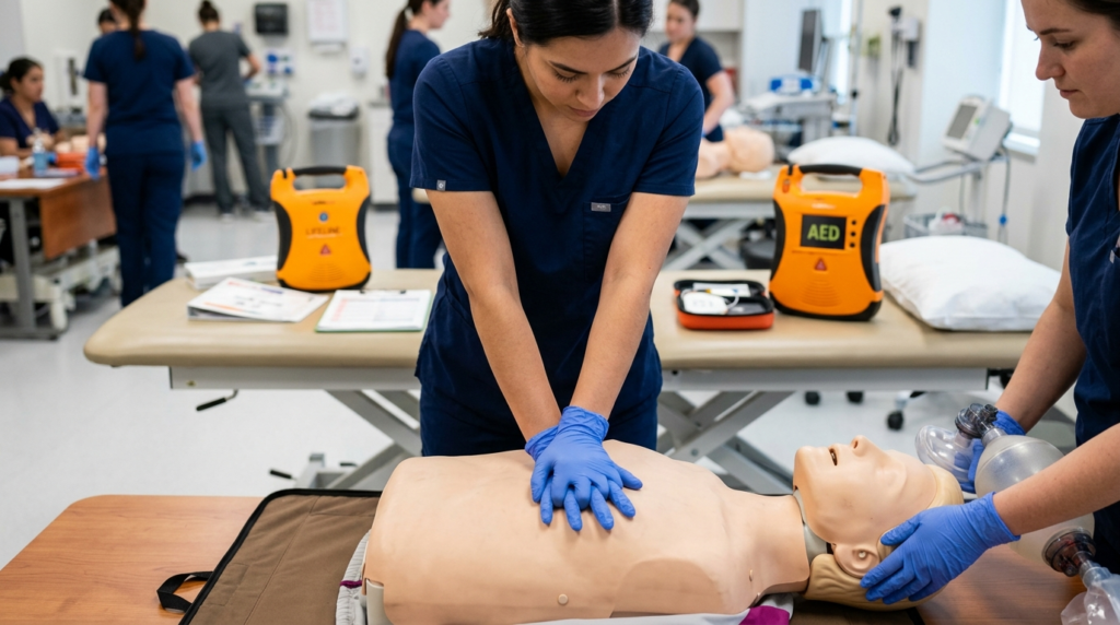 Close-up stock photo of hands performing CPR training on a m