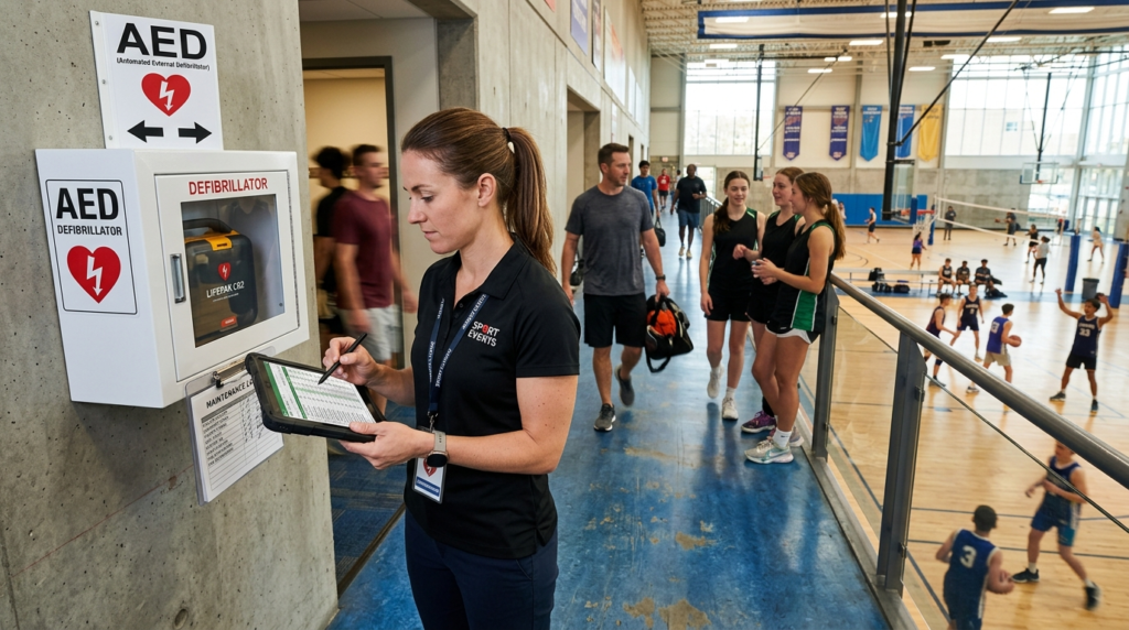 Wide-angle photograph of a sports event coordinator checking