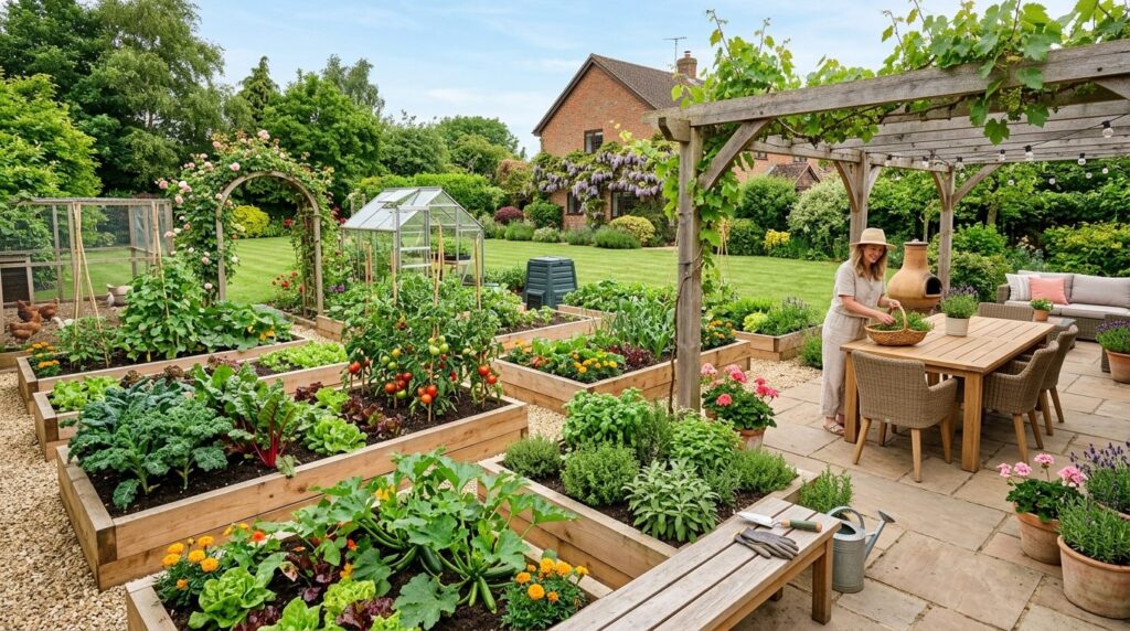 Wide angle lifestyle photograph of a thriving kitchen garden