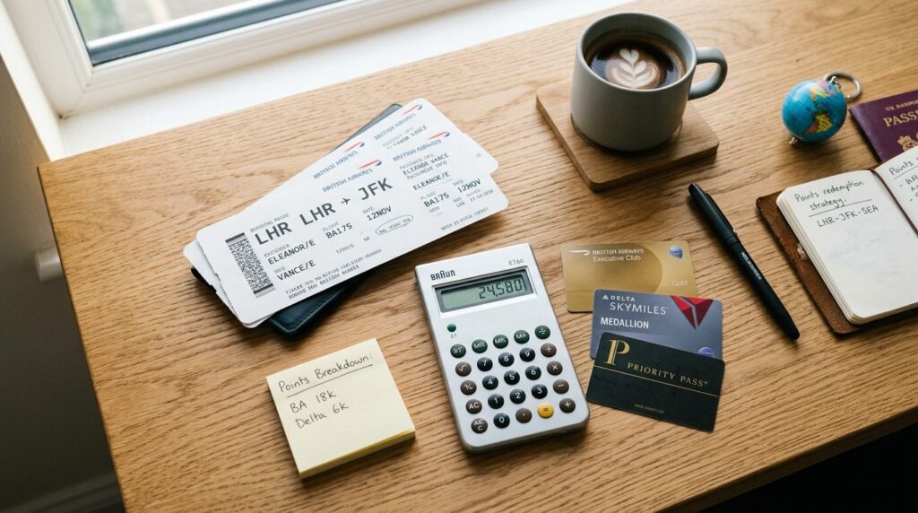 Close-up overhead shot of boarding passes, airline loyalty c