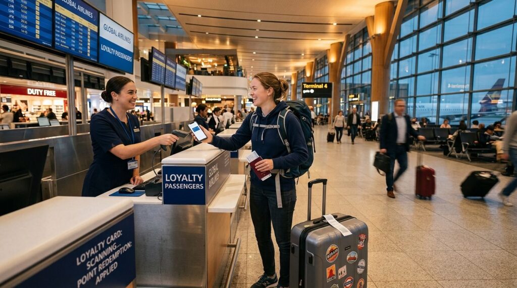 Wide shot of young active traveler at airport check-in count