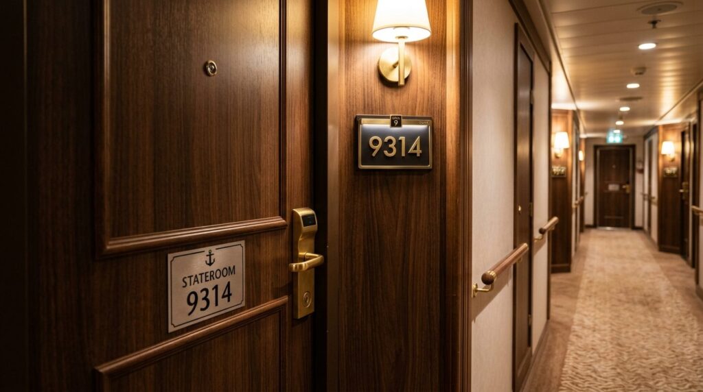 Close-up detail shot of cruise ship cabin door with number p