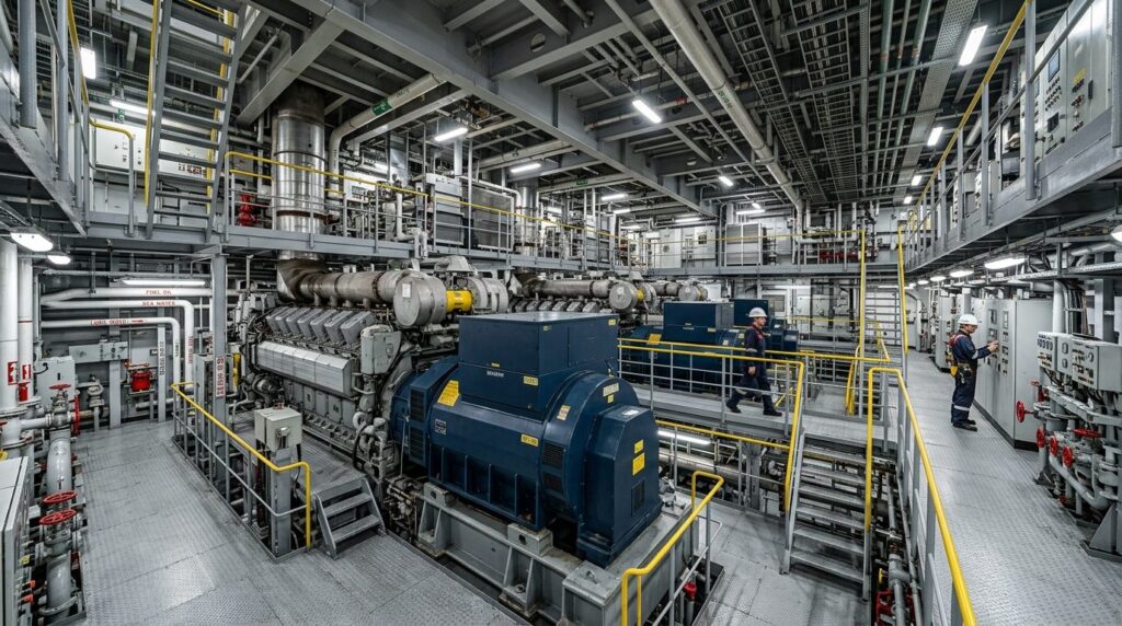 Wide angle view of cruise ship engine room or lower deck mac