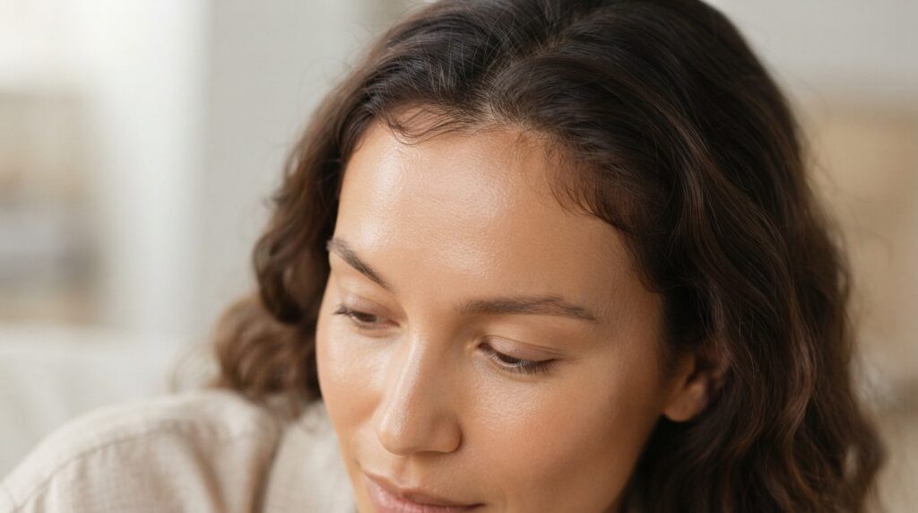 Close-up of womans forehead showing smooth skin and natural