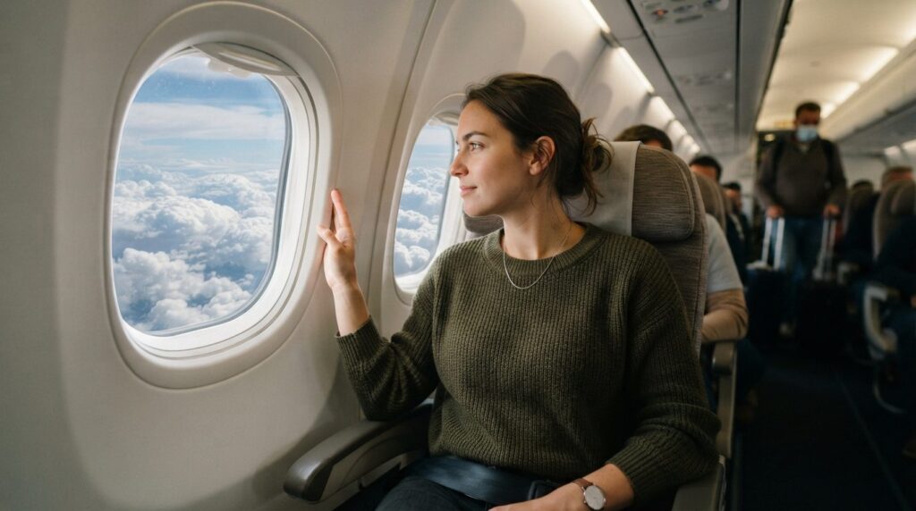 Active traveler woman on airplane window seat looking out at