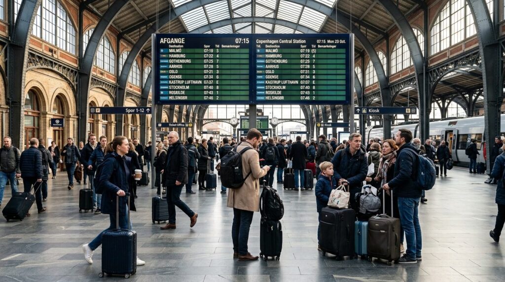 Busy Copenhagen Central Station departure board with trains 