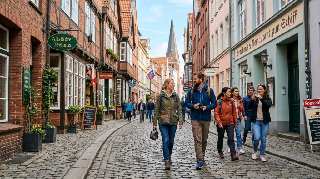 Active tourists walking through Hamburgs Altstadt narrow co