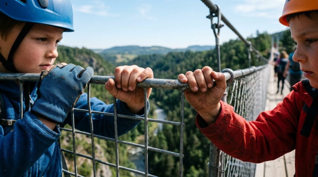 Close-up of childrens hands gripping safety railings on a b
