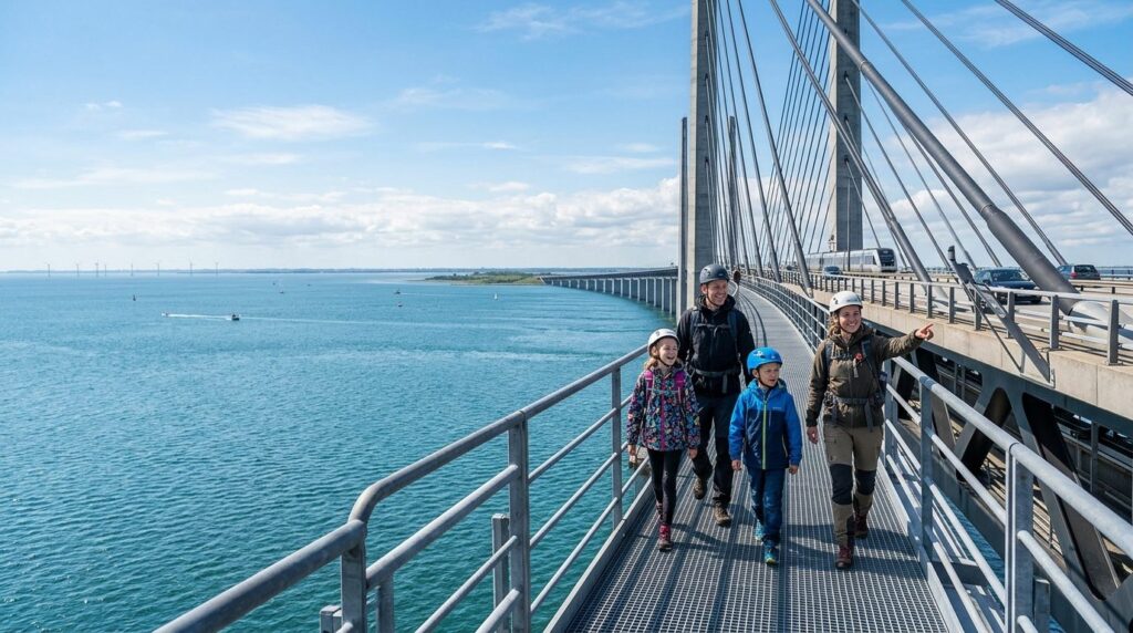 Wide landscape shot of a family group traversing an iconic D