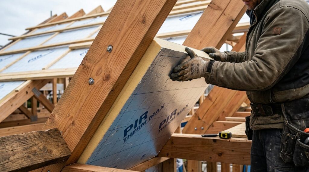 Close-up detail shot of PIR rigid foam insulation panels bei