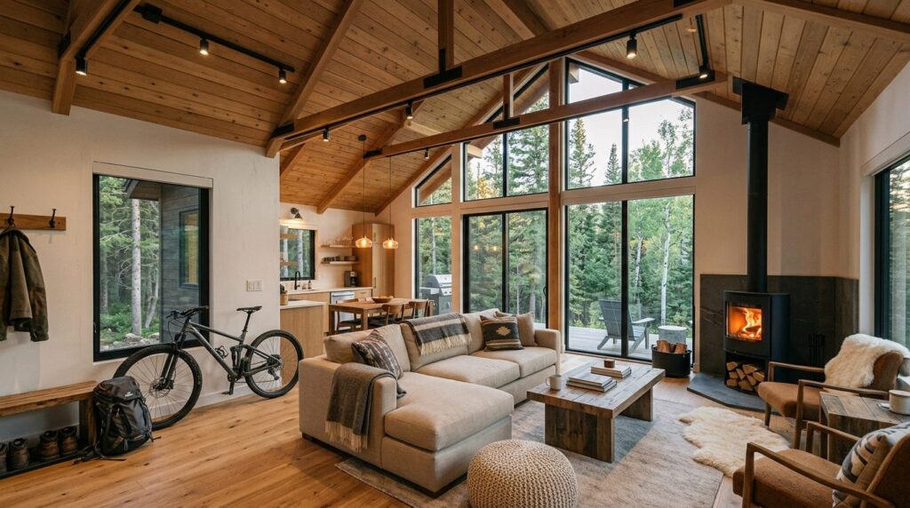 Wide interior shot of bright airy holiday cabin or weekend r