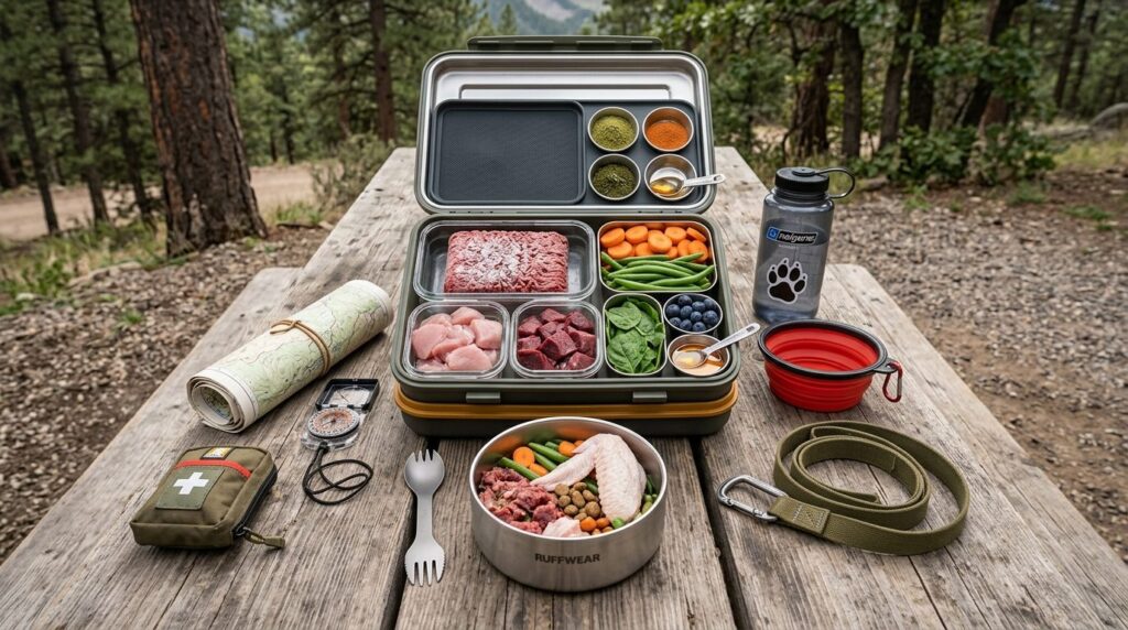 Flat lay photography, 16:9 aspect ratio: Raw dog food BARF m