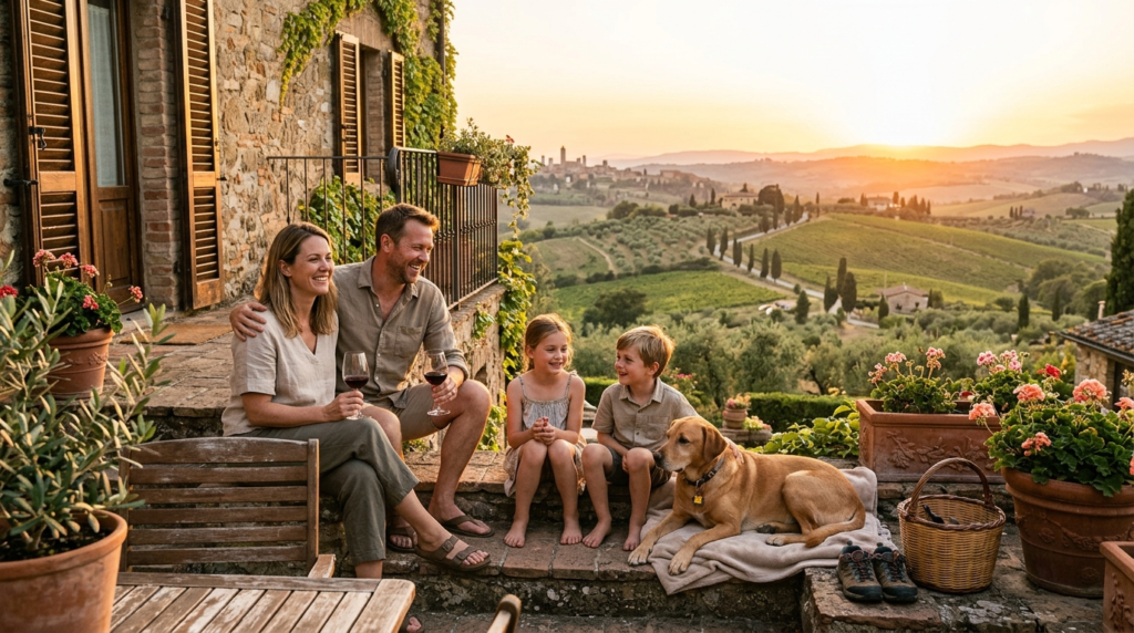 Active family with their medium-sized dog sitting on a terra