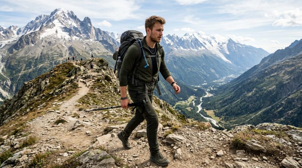 Athletic male traveler hiking in mountain landscape wearing