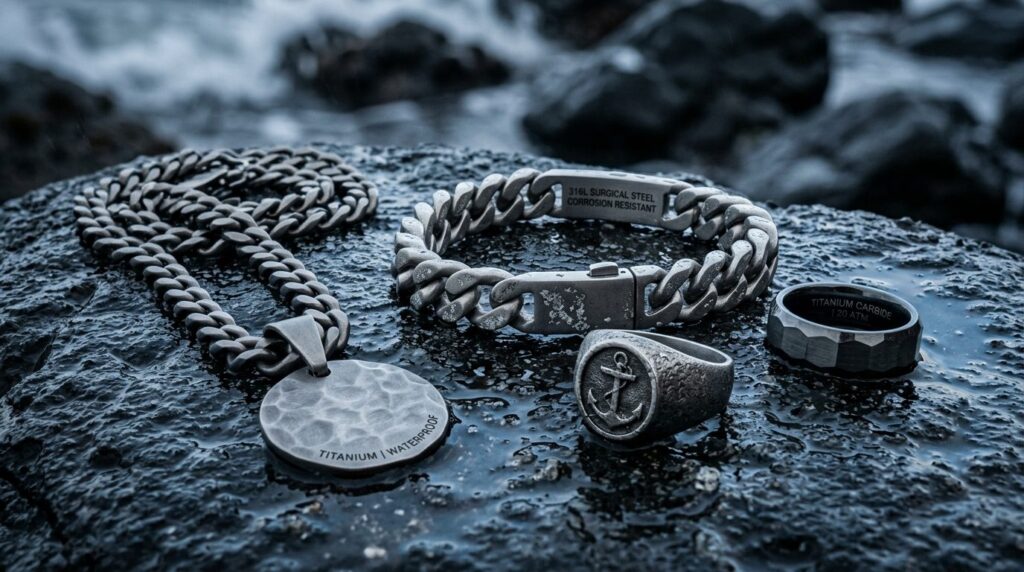 Close-up detail shot of water-resistant mens jewelry collec