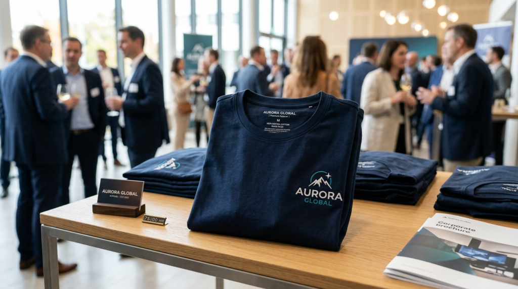 Close-up shot of premium quality branded t-shirt merchandise