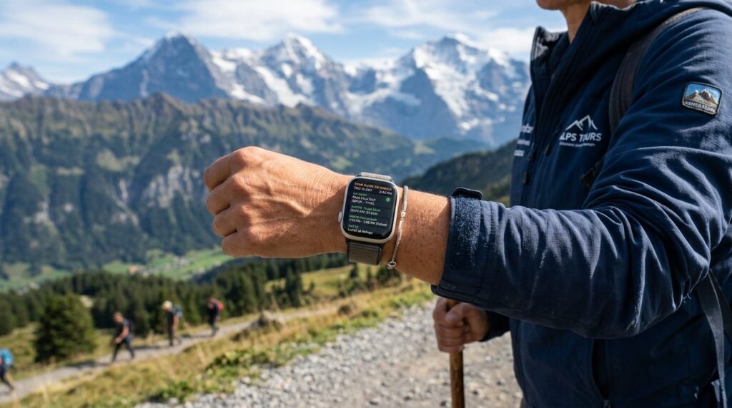Close-up photograph of a tour guides smartwatch displaying 