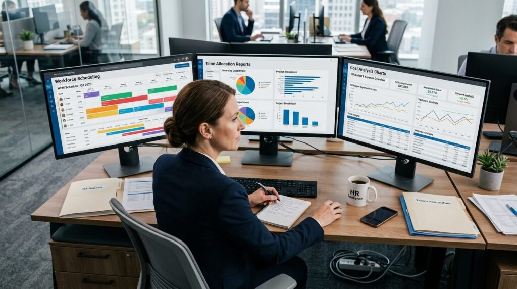 Overhead view of HR manager at desk with multiple monitors s