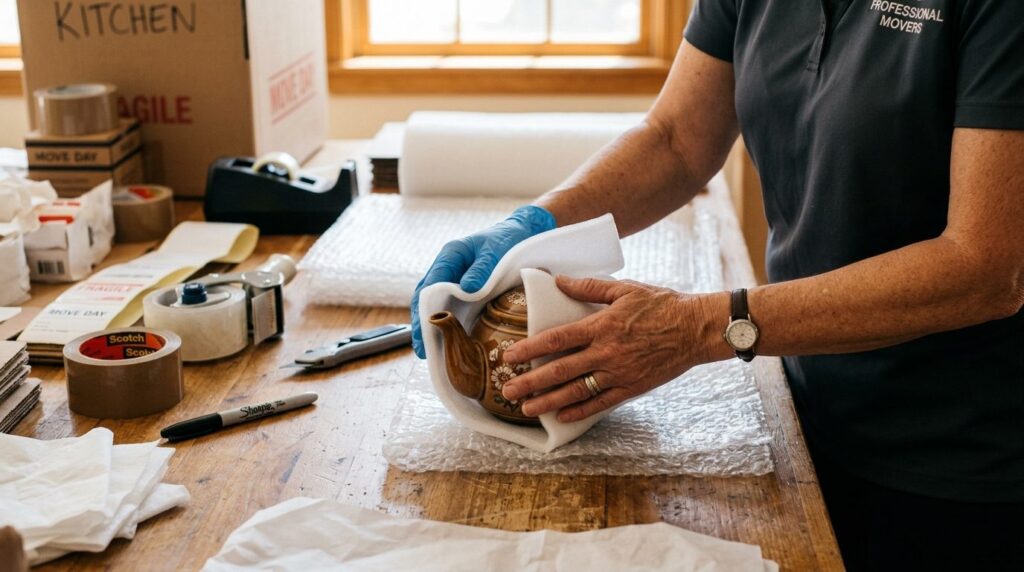 Close-up of experienced movers hands carefully wrapping fra