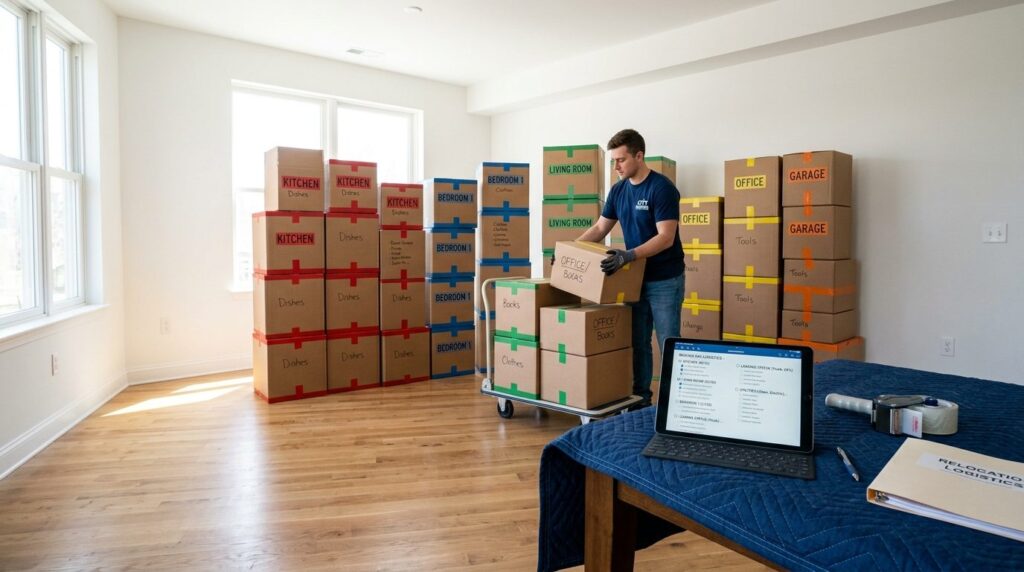 Moving day logistics scene with labeled storage boxes stacke