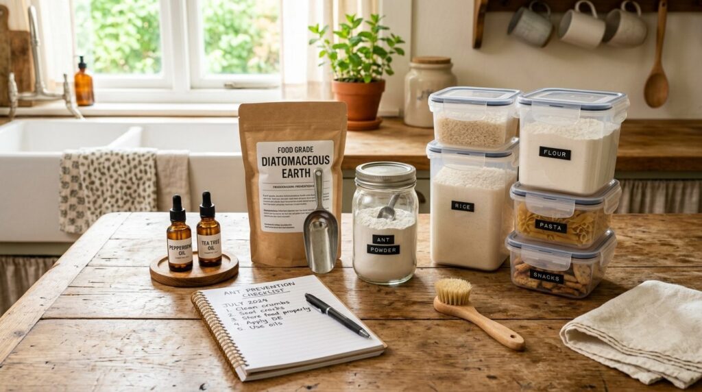 Overhead flat lay stock photo of ant prevention supplies org