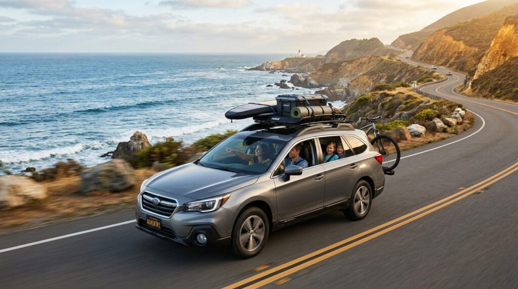 Professional stock photo, 16:9 ratio, family car on scenic c