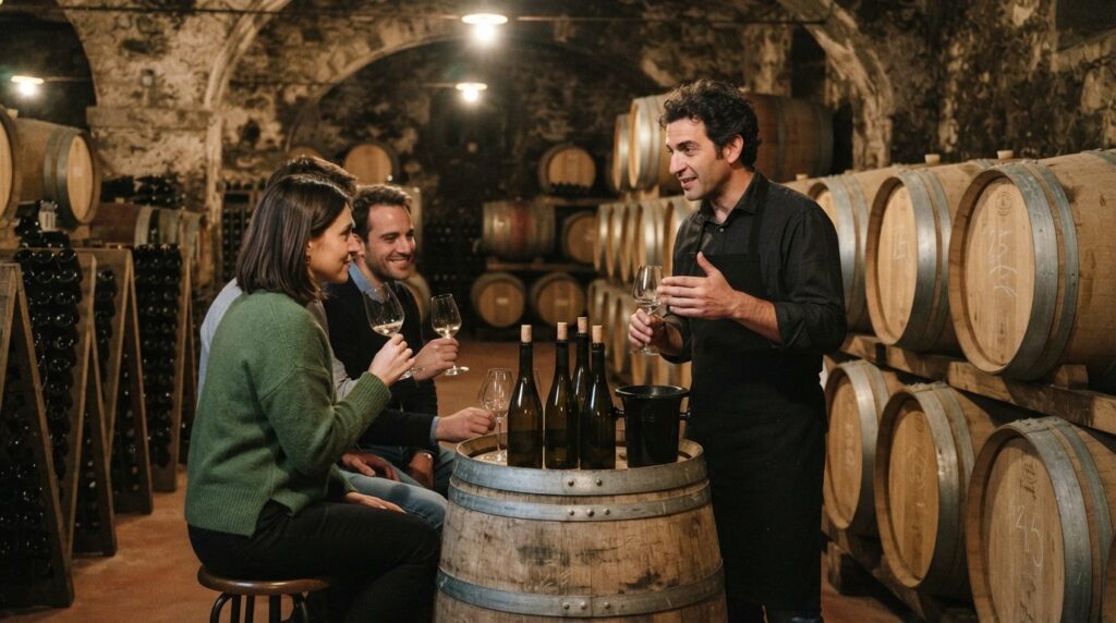 Authentic photograph of a wine sommelier in Piemonte cellar