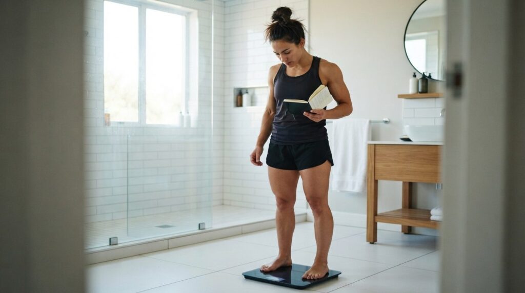 Fit martial artist checking weight on digital bathroom scale