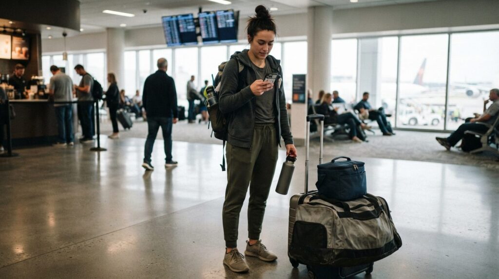 Young athlete at airport terminal with sport gear and packed