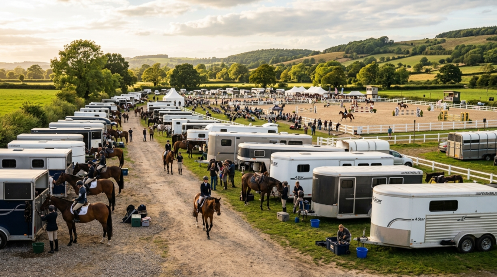 Wide-angle photorealistic image of an equestrian competition