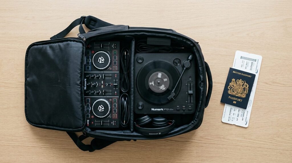 Compact DJ mixer and turntable equipment packed in a travel