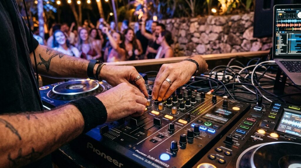 Close-up of hands adjusting professional DJ mixer faders and