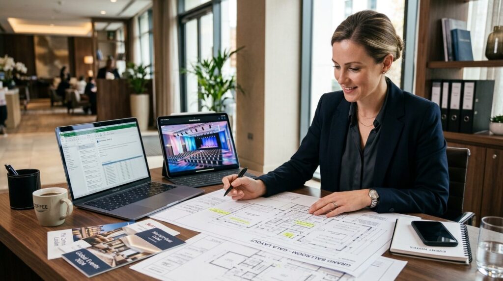 Close-up of experienced venue coordinator reviewing floor pl